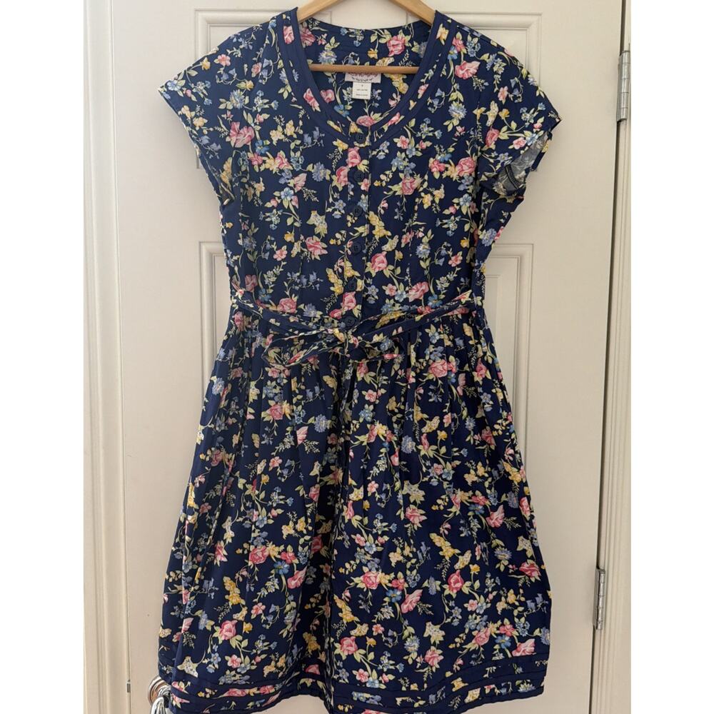 Lanz of Salsburg Navy Floral S Cotton Midi Fit Flare Dress Cottagecore Button Up